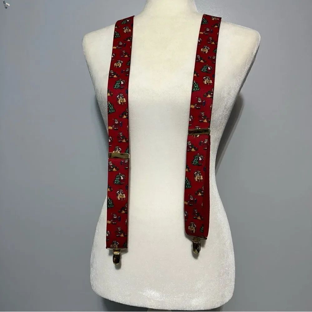 Mens Vintage Christmas Suspenders Santa Christmas Tree Elastic Stretch